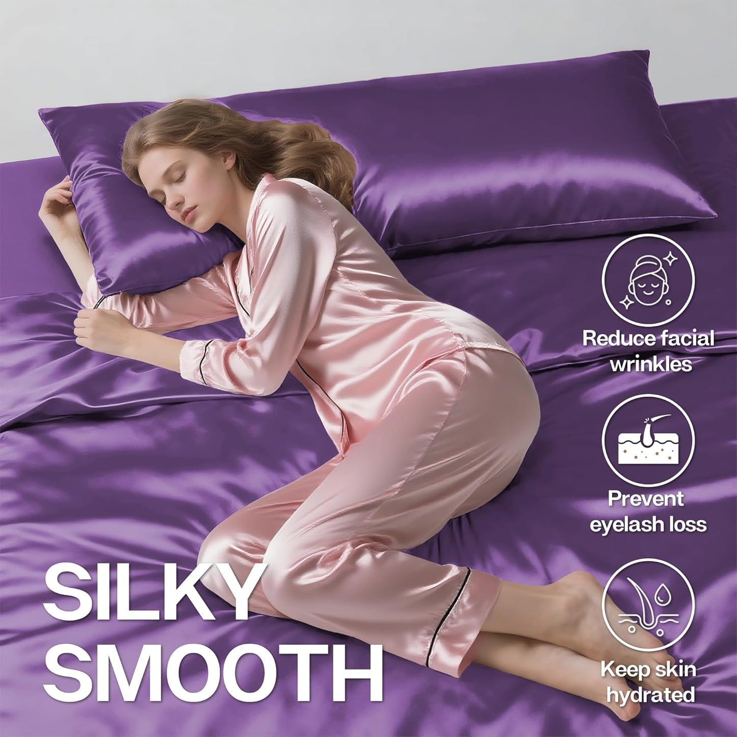 MR&HM Satin Body Pillow Cover, Soft and Breathable Body Pillow Case with Envelope Closure, Cooling and Silky Long Pillowcase for Hair and Skin,Grey (20x54, Lavender)