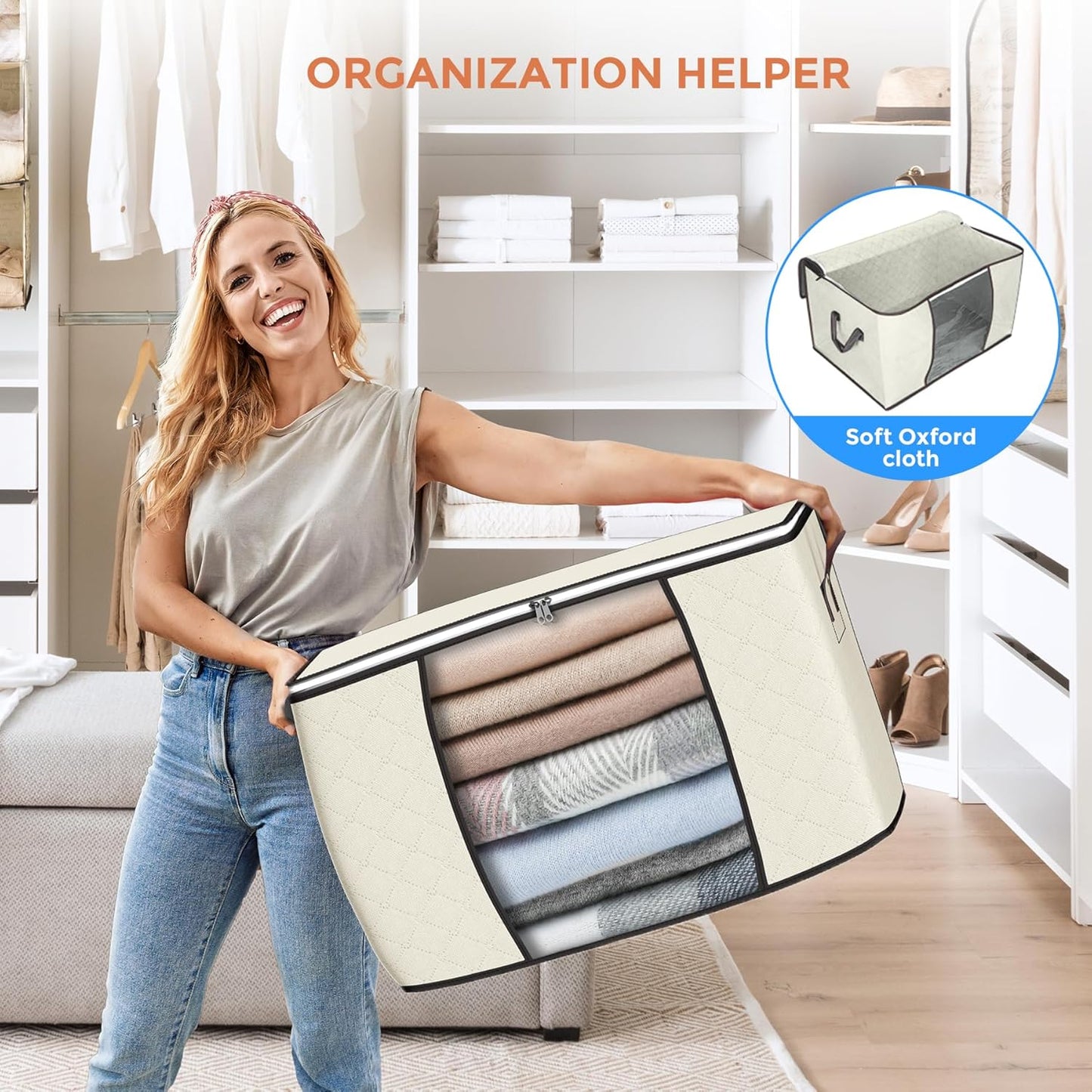 90 L Large Storage Bags, 6 Pack Clothes Storage Bins Foldable Closet Organizers Storage Containers with Reinforced Handle for Clothing, Blanket, Comforters, Bed Sheets, Pillows and Toys (Beige)