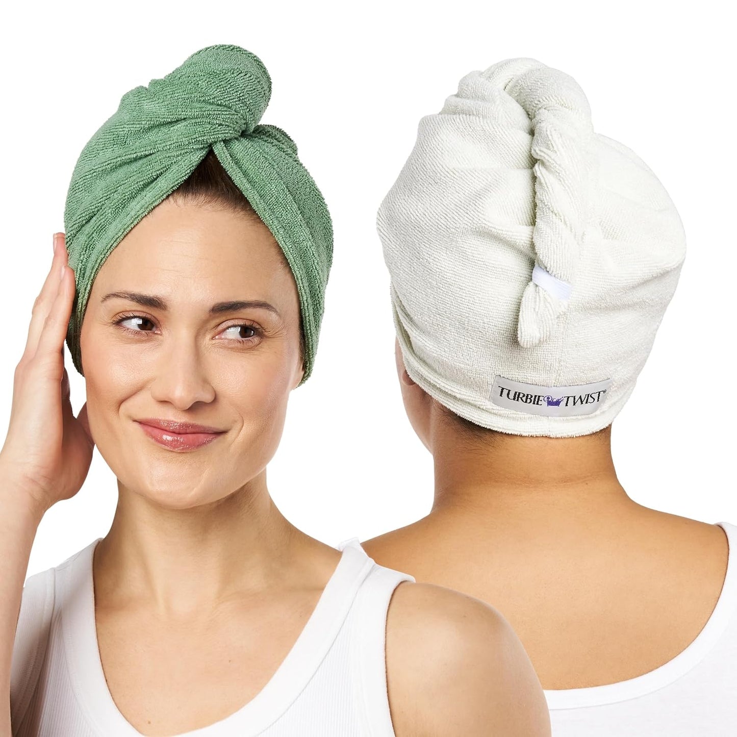Turbie Twist 2-Pack Microfiber Hair Towel for Beauty, Travel, Gifting - Wrap Turban for Straight, Wavy & Curly Hair - Premium Personal Care - Kashmir & Frosted Mint