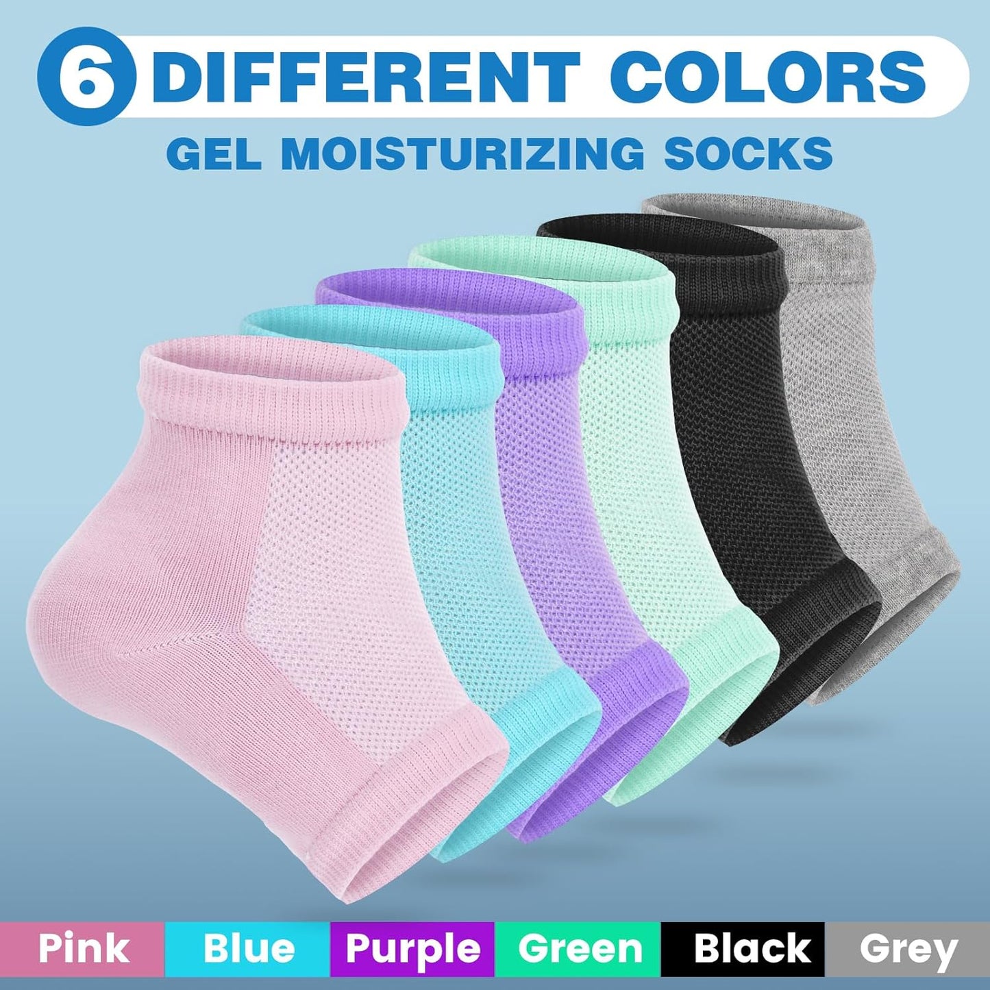 Moisturizing Heel Socks - 6 Pairs for Dry Cracked Feet, Toeless Gel Socks for Hydration and Repair