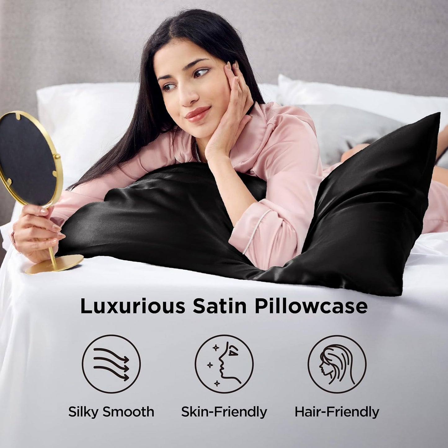Bedsure Satin Pillowcase for Hair and Skin Queen - Black Silky Pillowcase 2 Pack with Envelope Closure, Similar to Silk Pillow Cases, Gifts for Women Men, 20x30 Inches, 2pcs