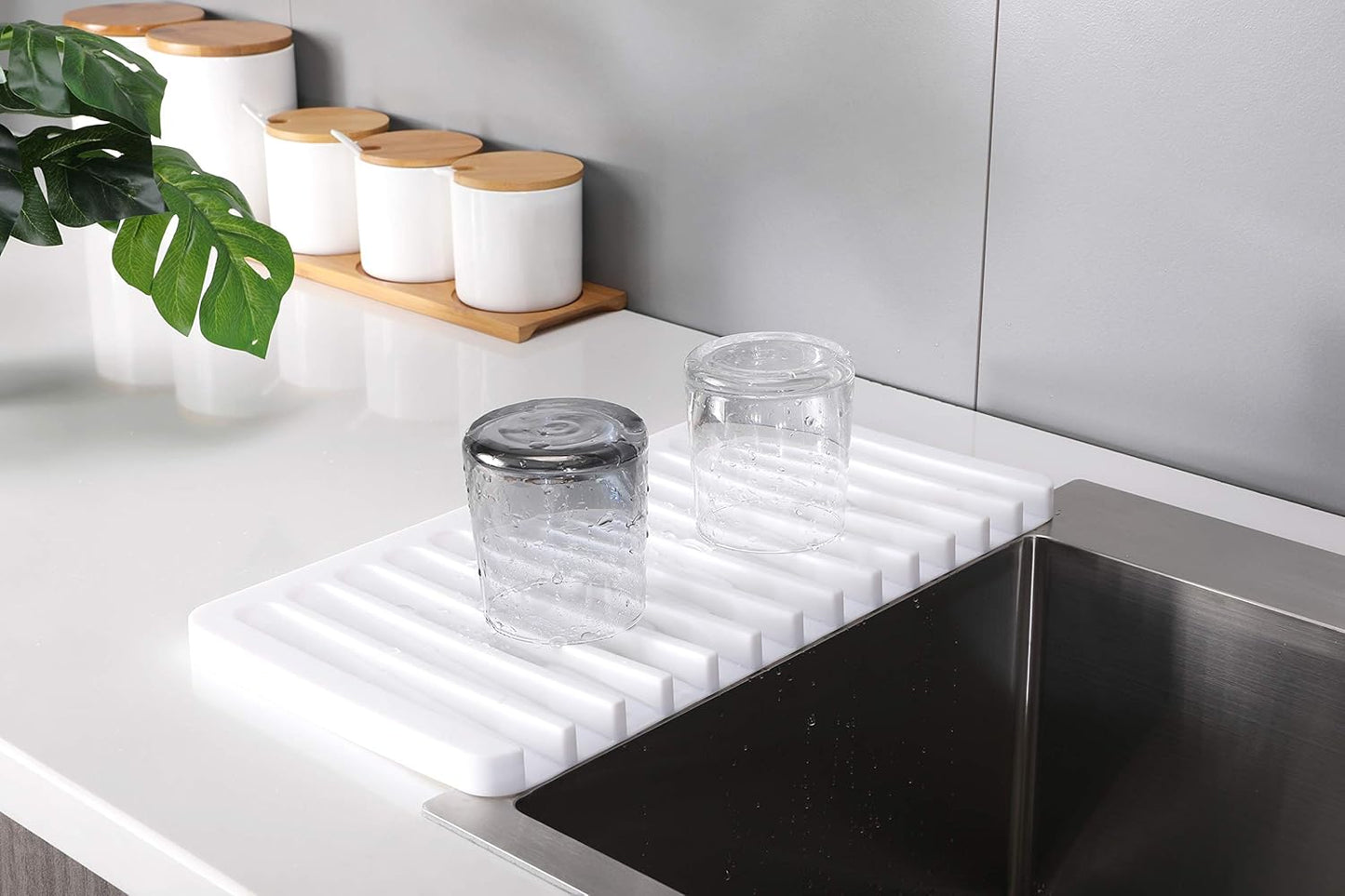 Self-Draining 2 in 1 Silicone Drying Mat and Trivet by Modern Joe's. Premium Space Saving Dish and Glassware Silicone Mat. Made from Food-grade, Dish Washer Safe and Heat Resistant (White)