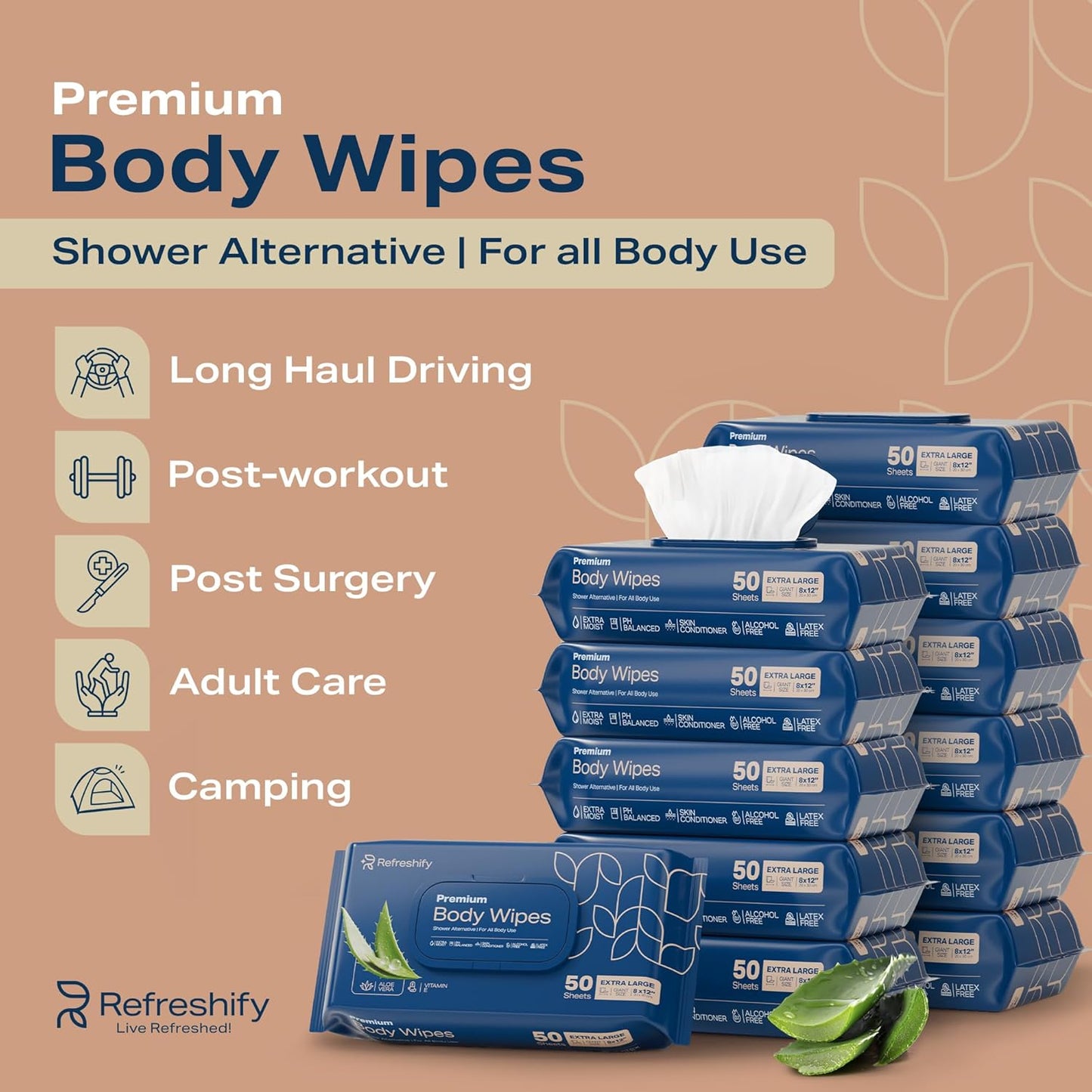 Extra Large Shower Body Wipes for Adults 8" x 12" (600 count) + 12 Travel Packs | Adult Wipes for Elderly, Bathing No Rinse, Vitamin E and Aloe, 12 Packs of 50