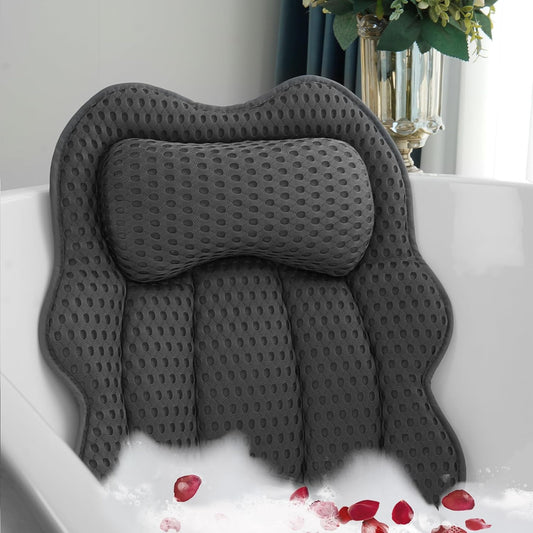 Bath Pillow for Tub, 4D Air Mesh Breathable Fabric, Soft Supportive Bathtub Cushion for Head Neck Back, Ergonomic Spa Pillow with Strong Suction Cups, Quick-Drying, Machine Washable (Gray)