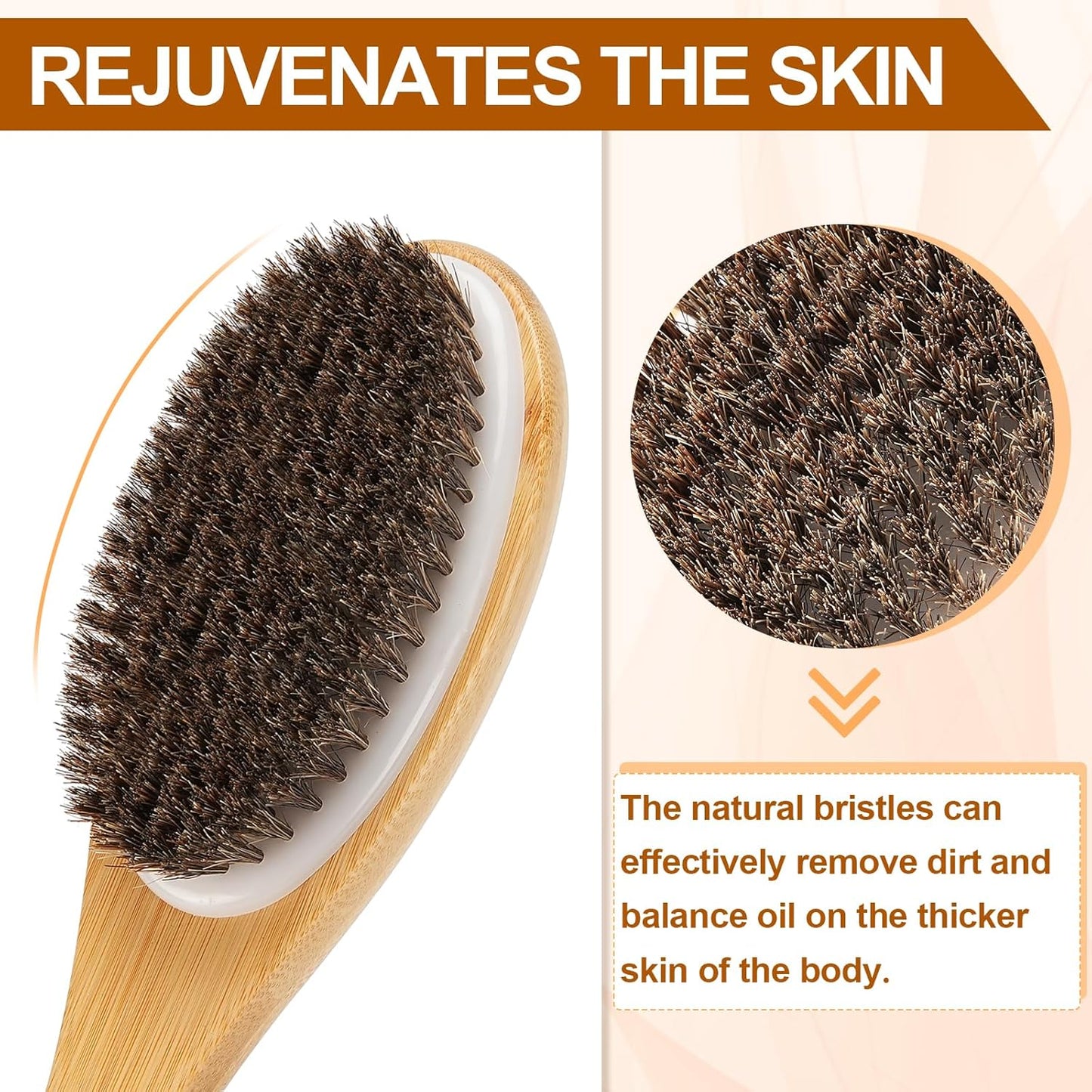 Bamboo Shower Brush with Curved Long Handle, 16.7 Inches Exfoliating Back Scrubber with Natural Bristles for Men & Women, Back Exfoliator Body Washer for Bath or Dry Brushing