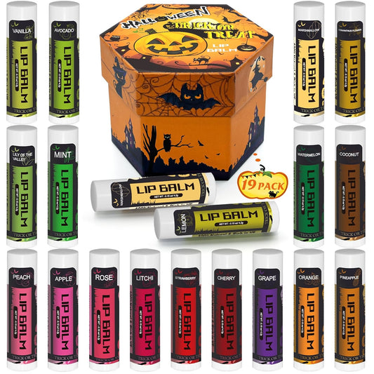 Yopela 19 Pack Halloween Natural Lip Balm Bulk with Vitamin E and Coconut Oil Lip Care Set - Moisturizing, Soothing, and Repairing Dry and Chapped Lips - 18 Flavors - Non-GMO