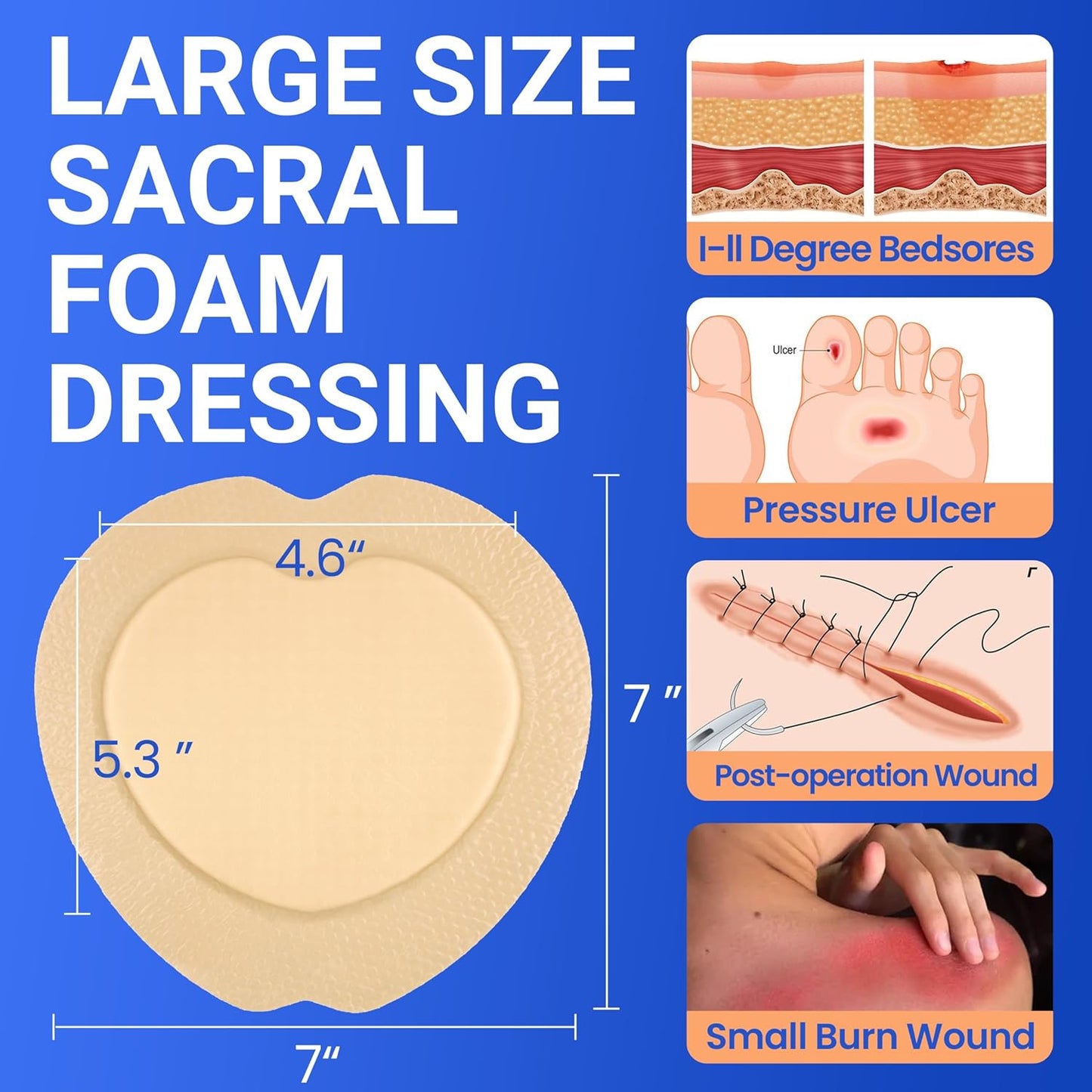 Large Waterproof Bandages Wound Care 7"x 7" Silicone Foam Dressings Sensitive Skin,10 PCS, Adhesive Bordered Pads for Bed Sore Pressure Relief Sacral Buttocks, Showering, Sterile Sacrum Care