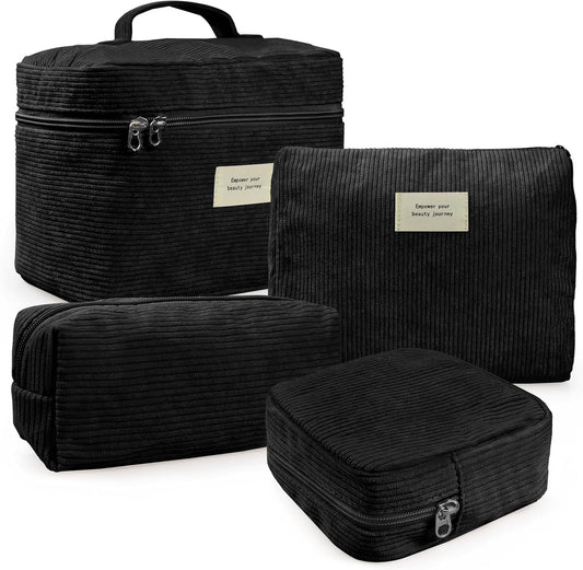 4 Pcs Makeup Bag for Women Corduroy Cosmetic Bag Aesthetic Cute Bags Multi Size Purse Pouch Travel Toiletry Bag Set Makeup Organizer with Zipper(Black)