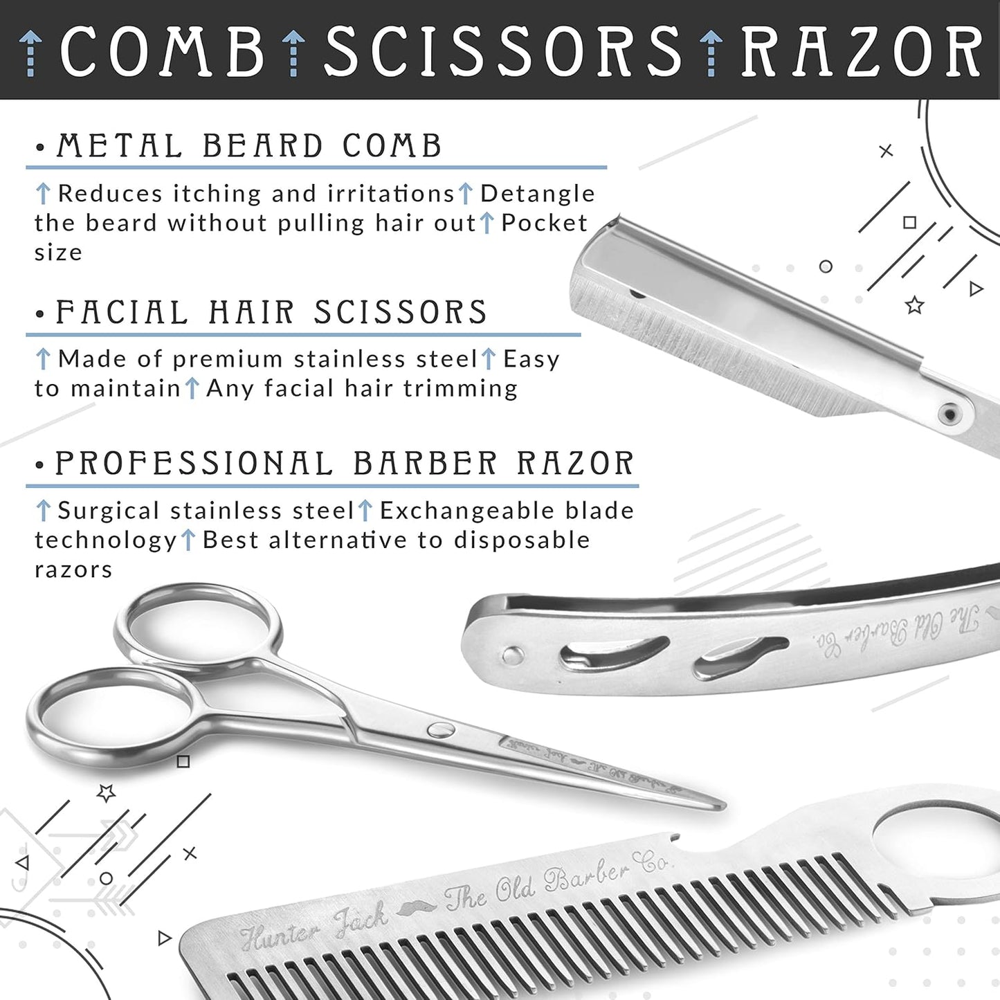 Straight Razor Kit - Complete Straight Razors for Men Kit with Beard Scissors & Metal Comb - Barber Razor for Men - 10 Extra Straight Edge Razor Blades for Shaving - Premium Polished Stainless Steel