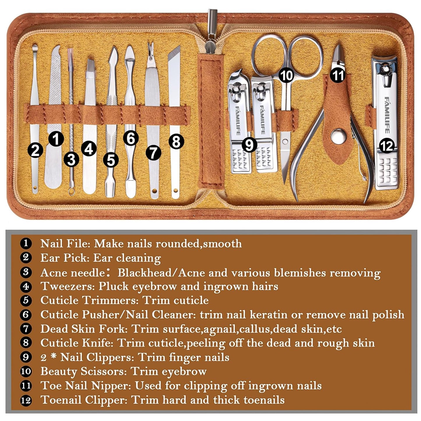 FAMILIFE Manicure Set, Nail Professional Kit Manicure Kits Nail Clipper Sets, 13PCS Stainless Steel Pedicure Sets Mens Grooming Tool, with Brown Leather Travel Case for Men