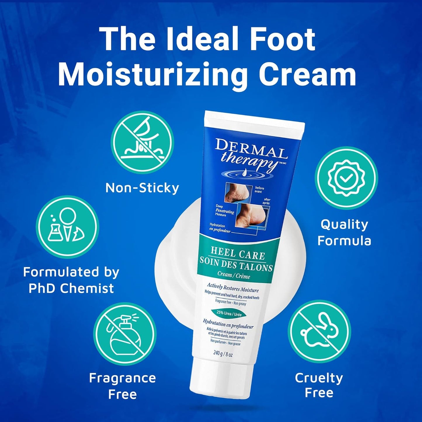 Dermal Therapy Heel Care Cream - Deeply Moisturizes & Repairs with Intensive Cracked Heel Cream - 25% Urea, 6% AHA & Silk Amino Acids for Soft Skin - Fast Results & Non-Greasy Formula - 8 oz / 240 ml