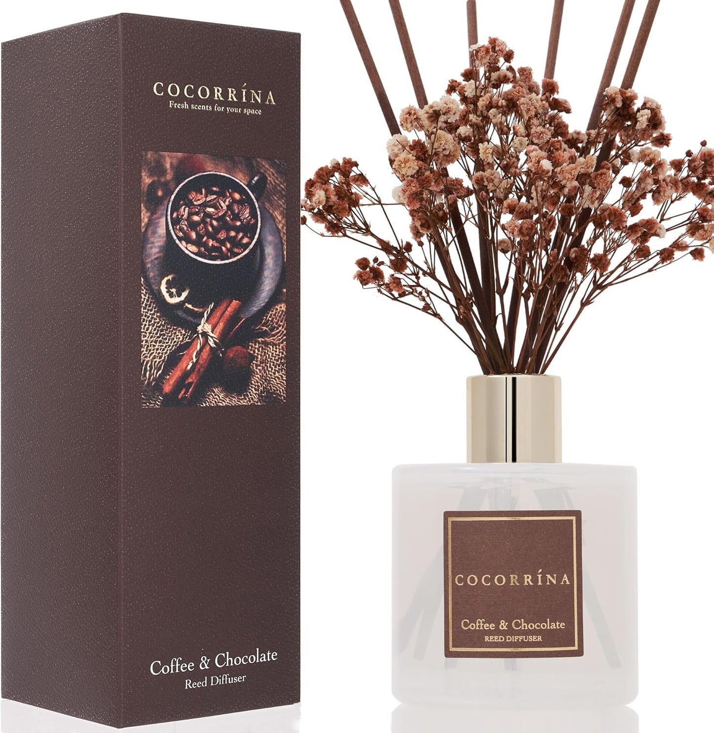 Cocorrína Reed Diffuser Sets - Coffee & Chocolate Scented Diffuser with Sticks Home Fragrance Reed Diffuser for Bathroom Shelf Decor