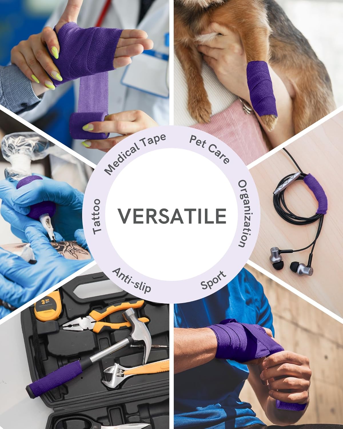 FriCARE Self Adhesive Bandage Wrap, Medical Tape in First Aid Kit, Cohesive Bandages for Wounds Sport Vet, FSA/HSA Eligible, 2 Inches X 5 Yards 6 Rolls, Irish Purple