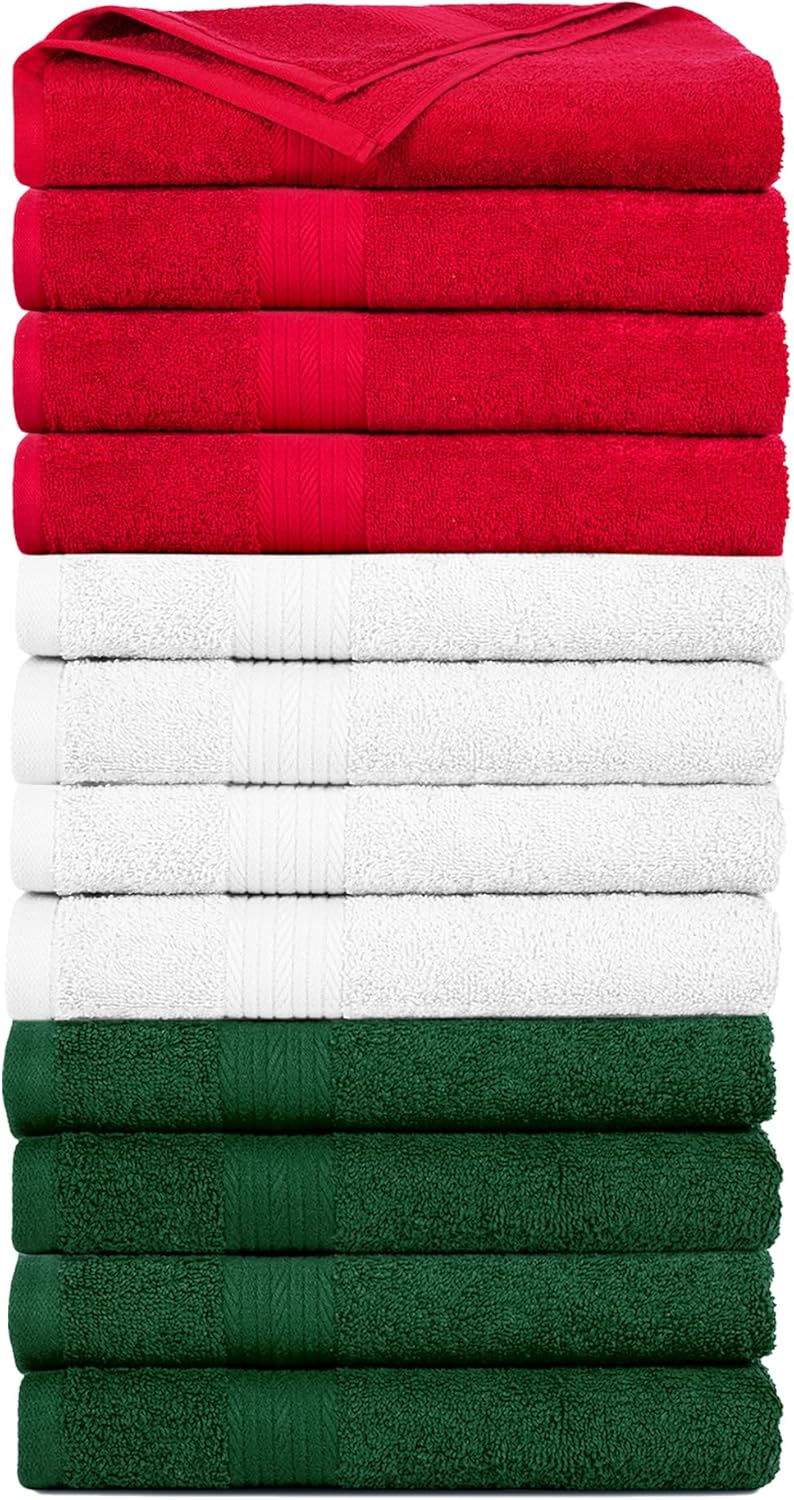 Ample Decor Hand Towels Set of 12 for Bathroom 100% Cotton 18 X 28 Inch 600 GSM Quick Drying - White, Red & Green