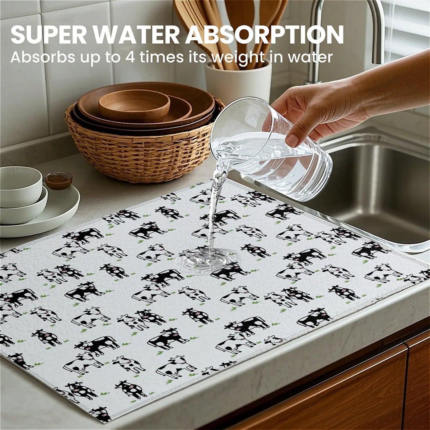 Dish Drying Mat For Kitchen Counter, Cute Cows Microfiber Absorbent Dish Drainer Rack Pad Reusable Large 18x24in Drying Mat