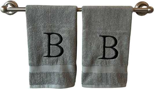 Gray Initial Hand Towel for Bathroom - Monogrammed Luxury Hotel Quality Decorative Embroidered Towel for Powder Room, Spa - GOTS Organic Certified - Set of 2 Black Letter B