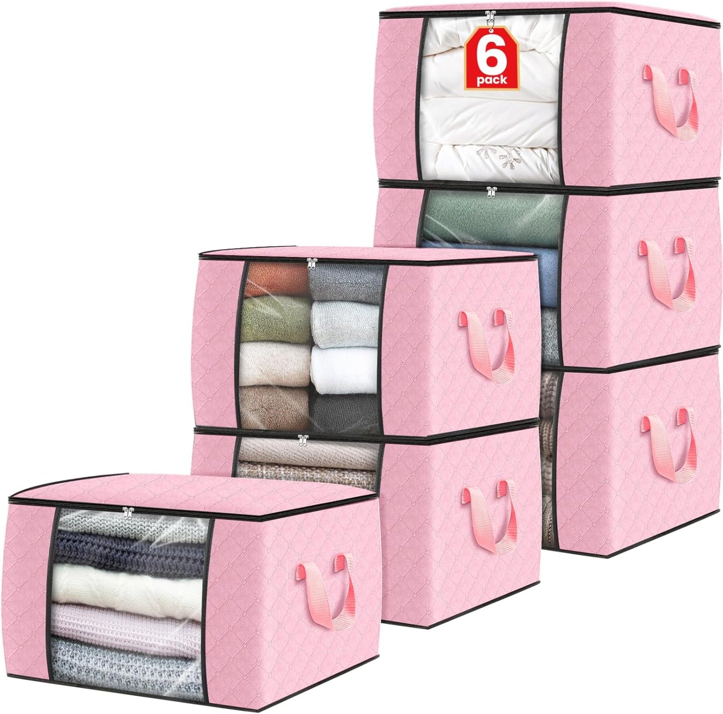 Fab totes 6 Pack Clothes Storage, Foldable Thick Fabric Blanket Storage Bags, Containers for Organizing Bedroom, Closet, Clothing, Comforter, Organization with Handle,Pink