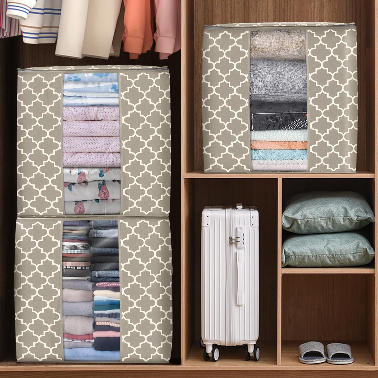 WISELIFE Storage Bags 6 Pack/100L Large Blanket Clothes Organization and Storage Containers for Comforters,Bedding, Foldable Organizer with Reinforced Handle, Clear Window, Sturdy Zippers,Beige