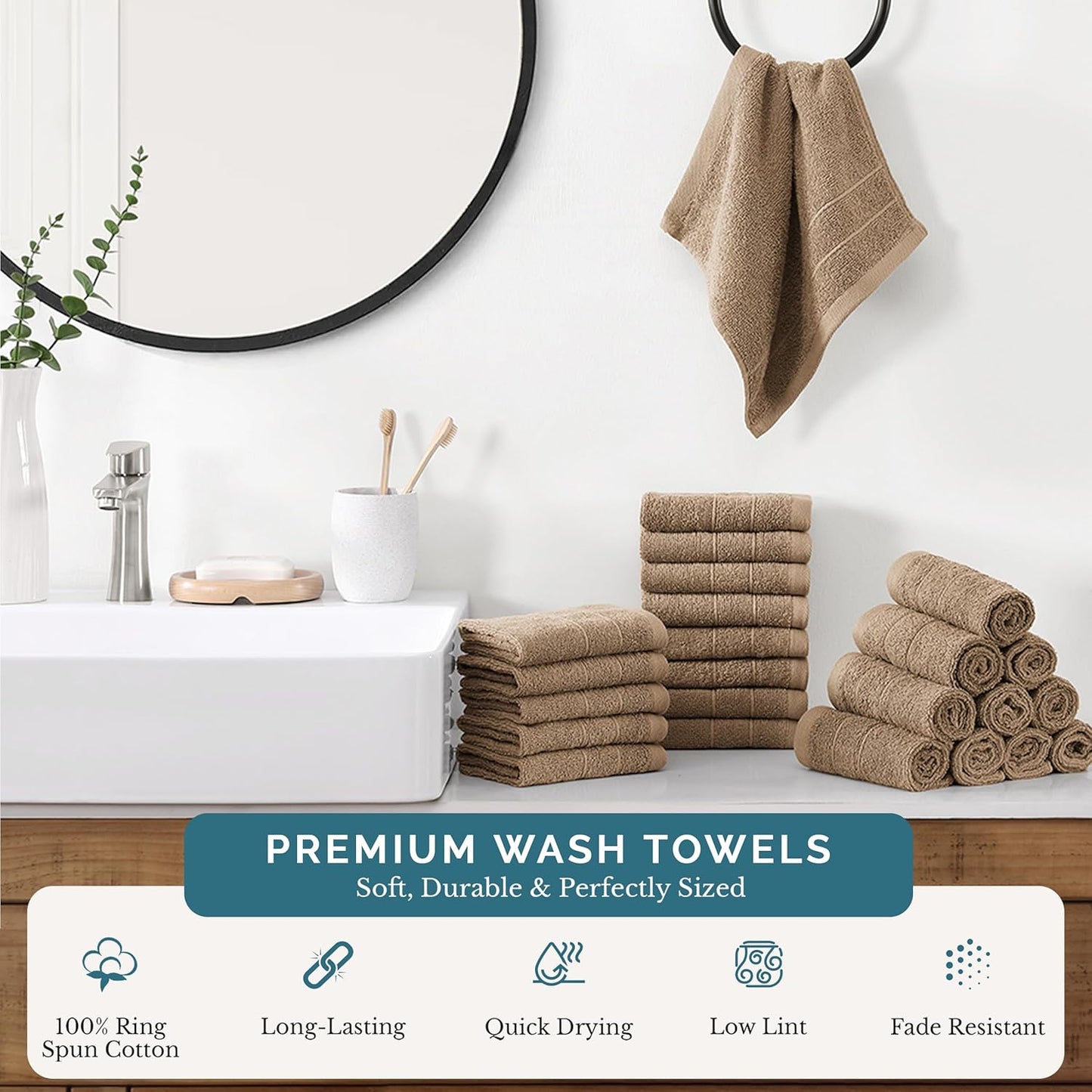 Casa Platino Washcloths 24 Pack - Spa & Salon Quality - 100% Ring Spun Mercerized Cotton Face Towels - Very Soft & Absorbent Wash Cloths for Body, Beauty, Home, Gym - Fingertip Towels - 13"x13", Taupe
