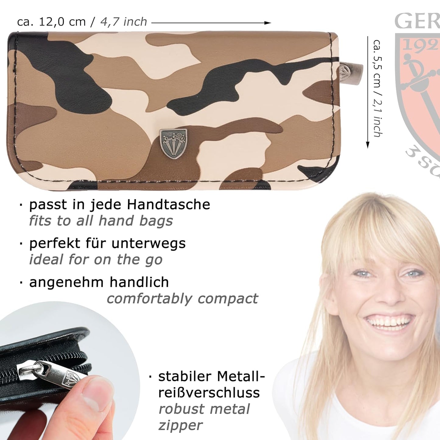 3 Swords Germany - brand quality 5 piece manicure pedicure grooming kit set with synthetic leather case camouflage - Made in Germany