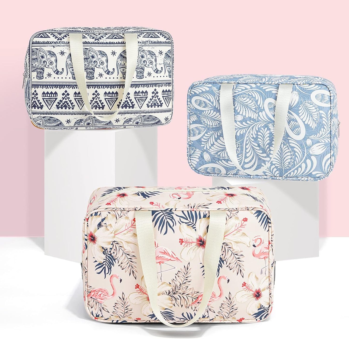 Full Size Toiletry Bag Women Large Cosmetic Bag Travel Makeup Bag Organizer Medicine Bag for Toiletries Essentials Accessories (Large, Beige Flamingo)