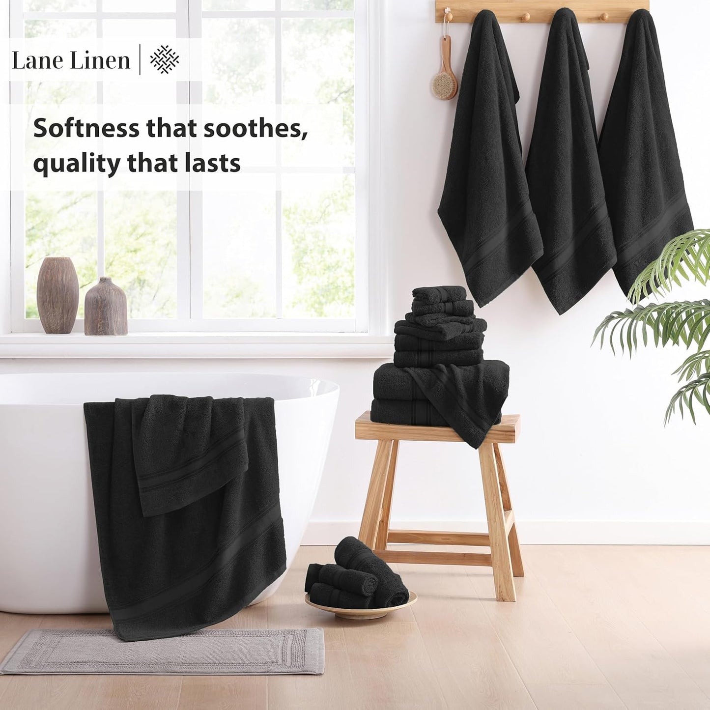 LANE LINEN Luxury Bath Towels Set- 100% Cotton Bathroom Towels, Zero Twist, Quick Dry Shower Towel, Extra Aborbent Super Soft, 6 Bath Towel, 6 Hand Towels, 6 Wash Cloths - Black (18 PC)