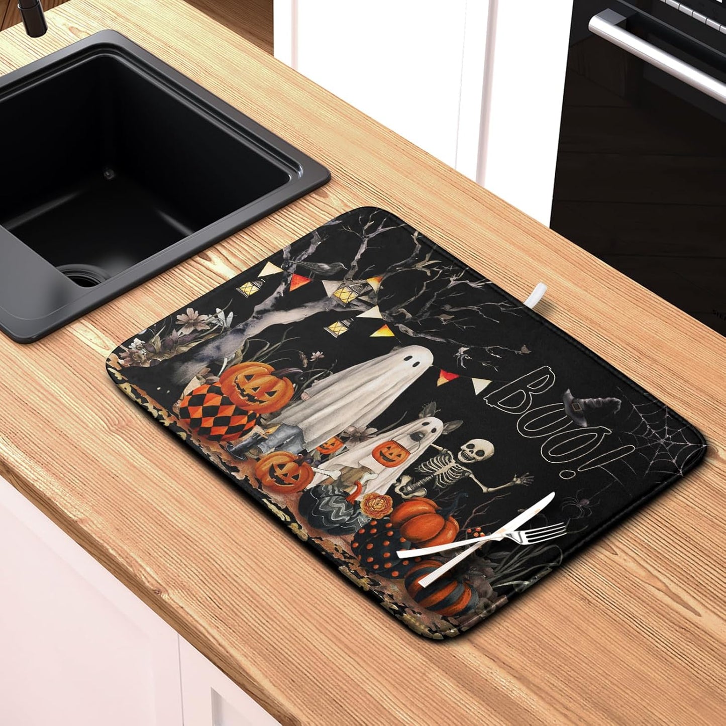 Halloween Dish Drying Mat for Kitchen Counter 16x18 Inch Black Ghost Pumpkins Dog Boo Skull Dishes Drainer Mats Absorbent Microfiber Washable Dish Draining Pad for Sink Coffee Bar