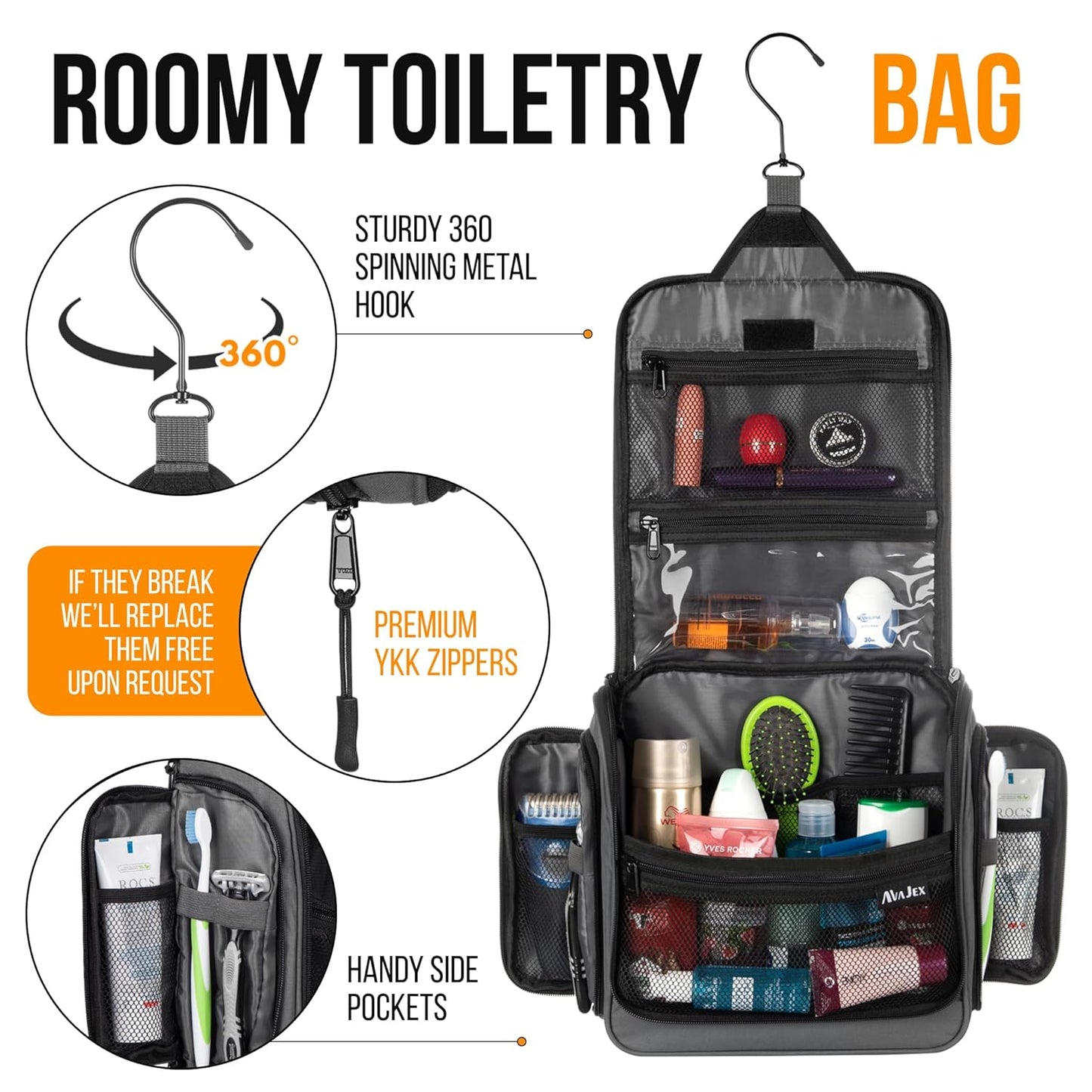 Travel Toiletry Bag for Men and Women - (10.6”x10.6”x3.2”) Large Hanging Toiletry Organizer - Waterproof Hygiene Bag with Metal XXL Swivel Hook, with Sturdy Zippers and 19 Compartments for Toiletries
