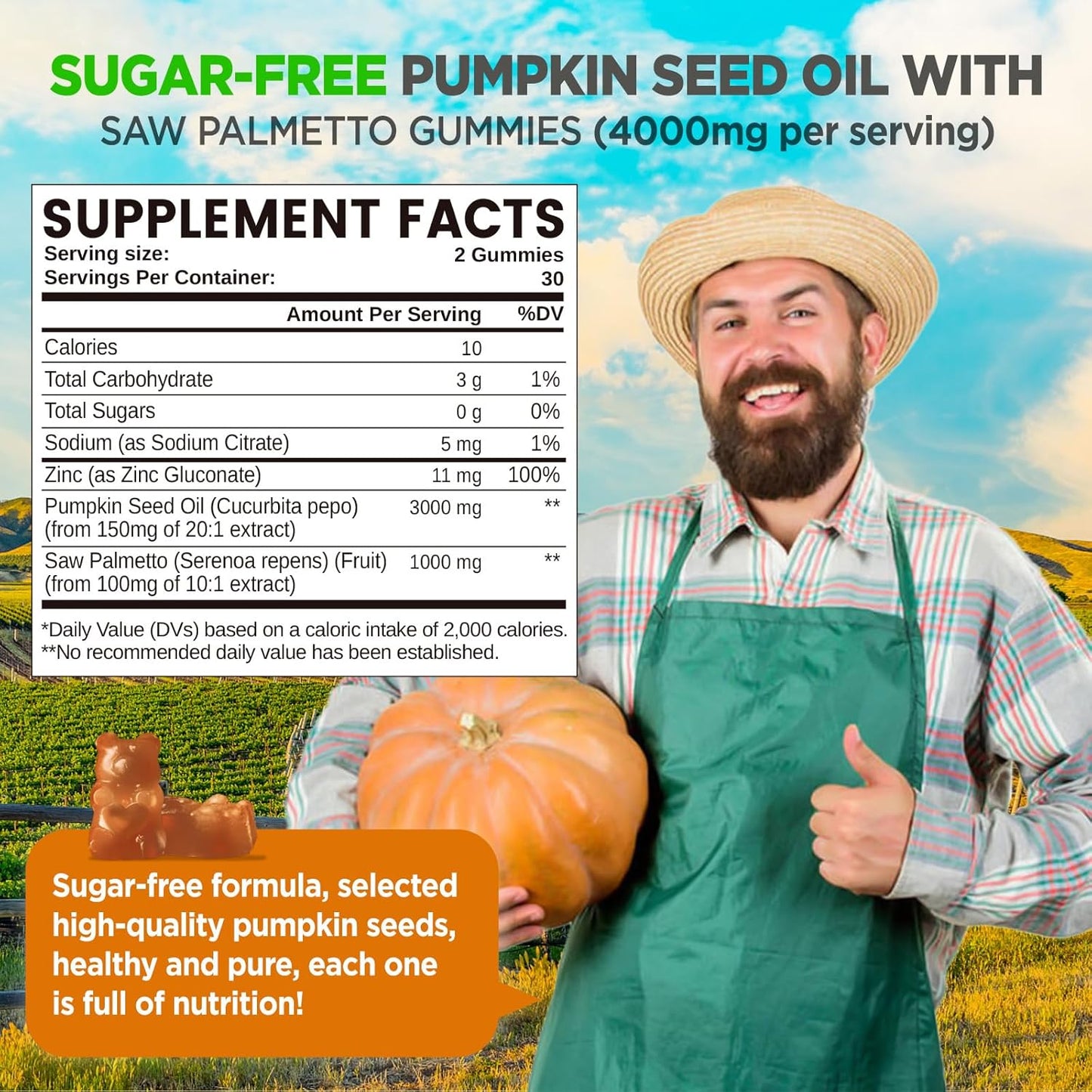 Pumpkin Seed Oil Gummies with Saw Palmetto, Organic Pumpkin Seed Oil Supplement for Hair Growth & Skin Health, High Pure Extract for Women Men, Lemon, Sugar Free, Vegan, 60