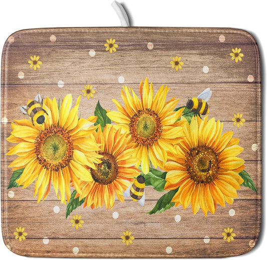 Sunflower Bee Dish Drying Mat for Kitchen Counter Home 16x18 Inch Wood Barn Microfiber Drainer Rack Mats Washable Absorbent Dish Dry Pad