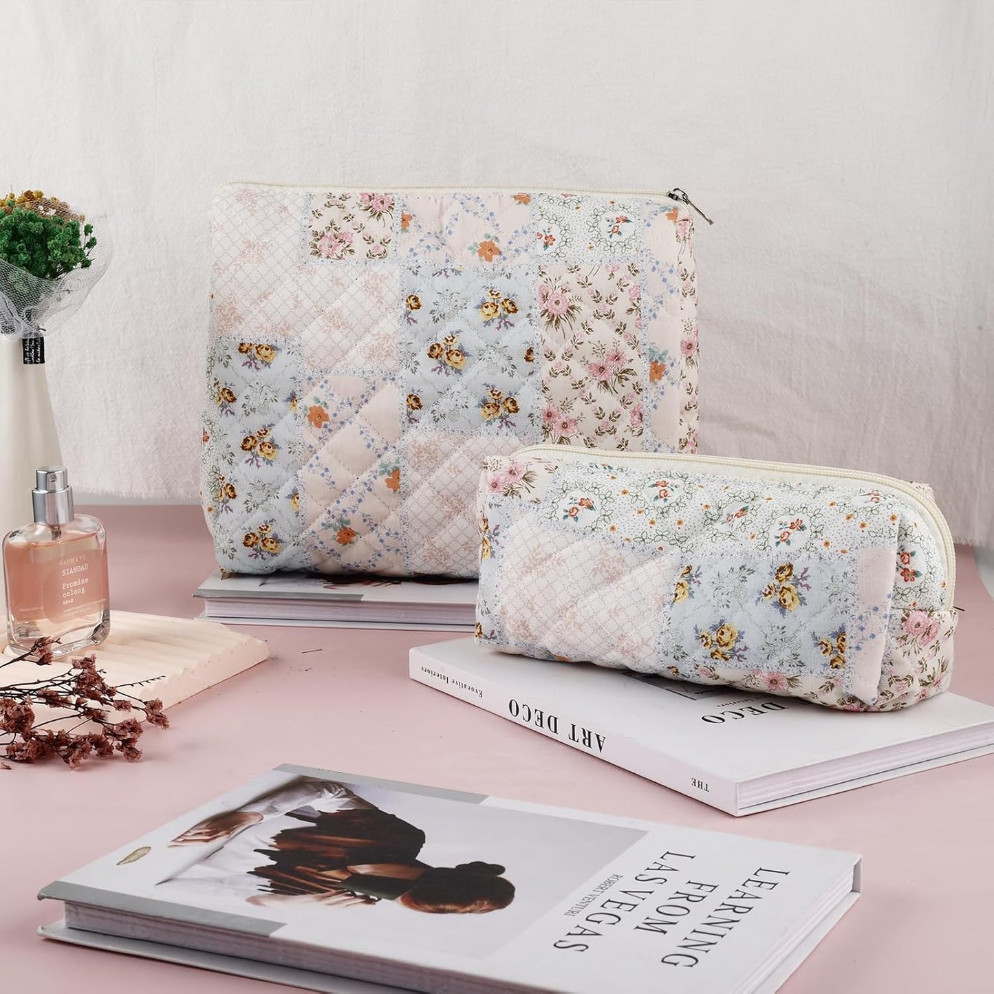 2Pcs Quilted Cotton Makeup Bag Large Travel Makeup Pouch Small Brush Holder Set for Women Cute Floral Coquette Makeup Bag Aesthetic Cosmetic Bag Flower Bee Toiletry Organizer Storage Bag Zipper Pouch