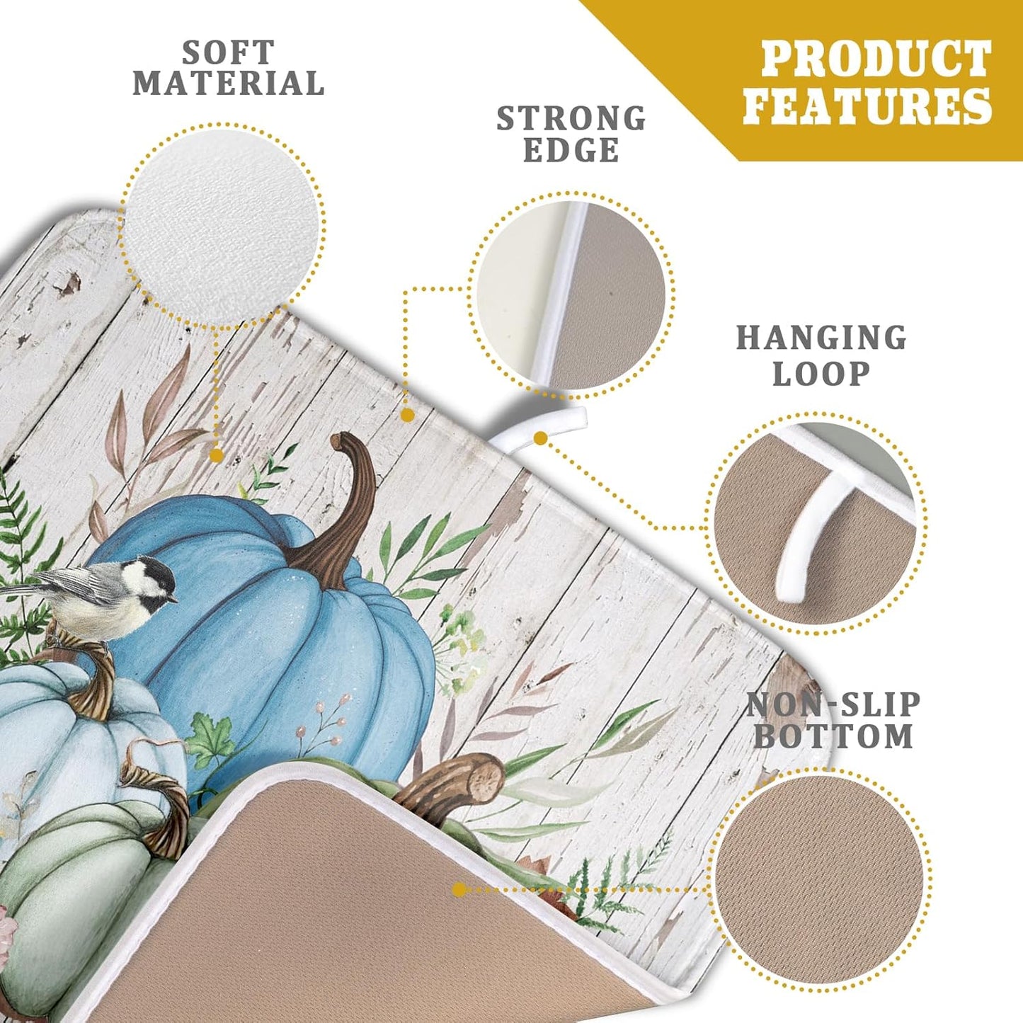 Fall Blue Pumpkin Dish Drying Mat 16x18 inch Autumn Harvest Dish Rack Mats Reversible Microfiber Drainer Pad for Kitchen Countertop Decor