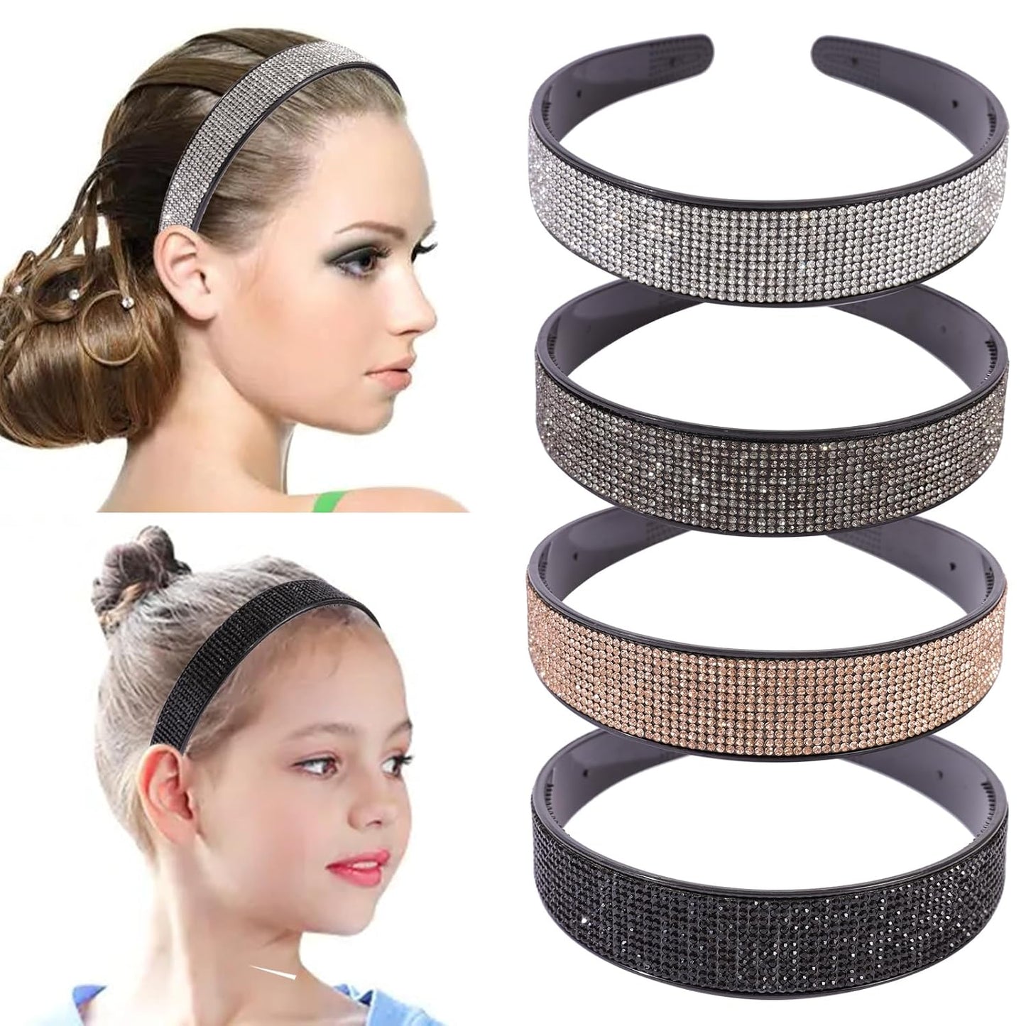 Rhinestone Headbands for Women Girls,4PCS Sparkly Crystal Headband Non Slip,Solid Rhinestone Hair Hoop Tooth Hair Bands,Comfortable Daily Prom Party Head Accessories