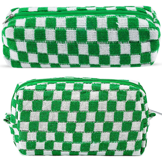 2Pcs Checkered Pencil Case Cute Pencil Pouch for Teens Checkered Makeup Bag Travel Cosmetic Bag Set Cute Makeup Pouch for Purse Portable Zippered Skincare Bags Preppy Toiletry Bags Organizer(Green)