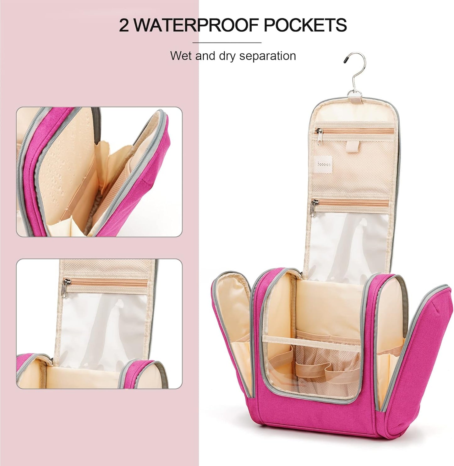 Extra Large Toiletry Bag for Women and Men, 6 Organizer Compartments, Holds Full Size Shampoo, with Hanging Hook Cosmetic Bag, Travel Makeup Bag, Bathroom Water-resistant Toiletries Bag, Rose Red