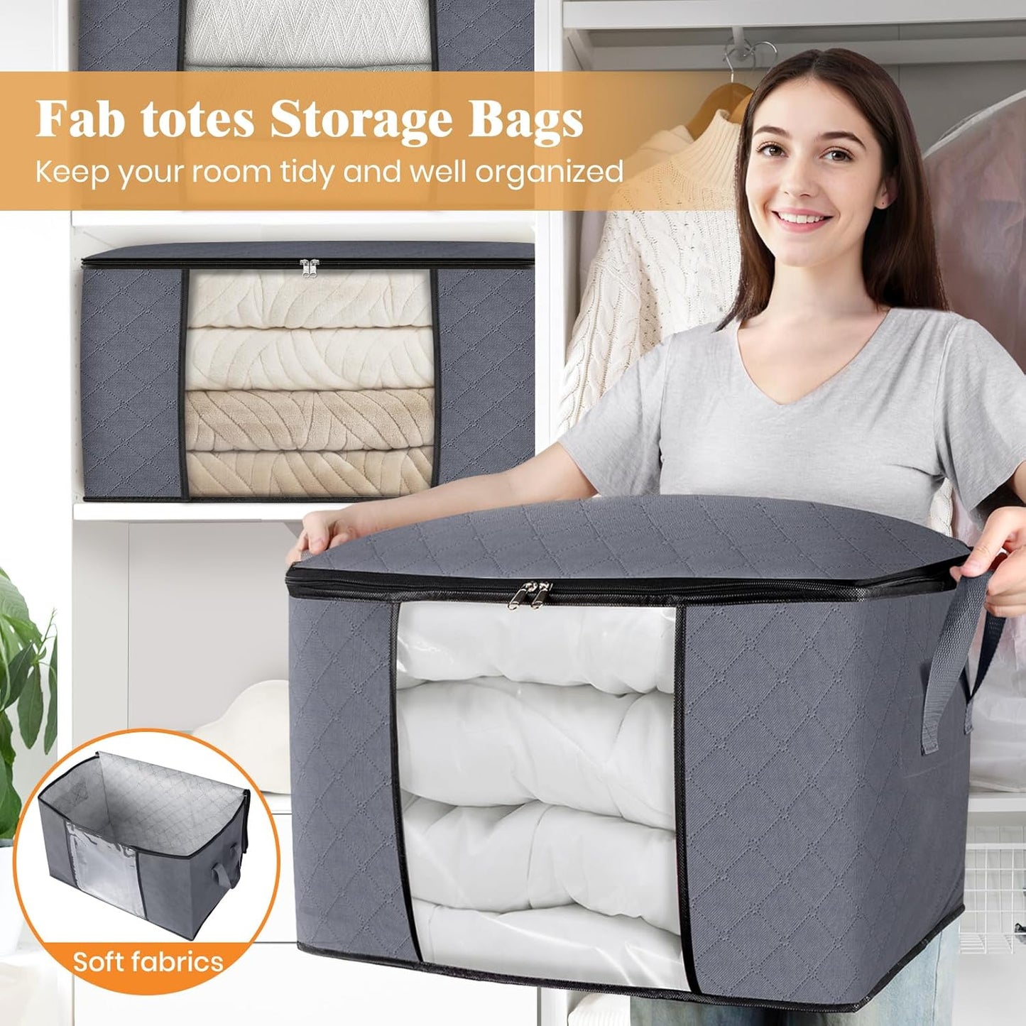 Fab totes 24 Gallons Clothes Storage, Foldable Thick Fabric Blanket Storage Bags, Containers for Organizing Bedroom, Closet, Clothing, Comforter, Organization with Handle (6 Pack,Grey)