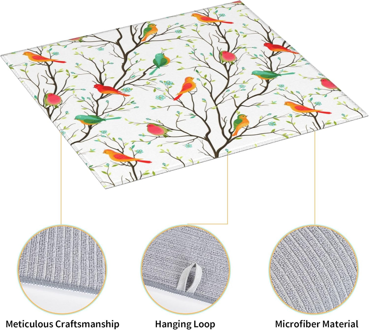 Birds on Tree Dish Drying Mat for Kitchen Counter Washable Absorbent Reversible Microfiber Cute Birds Drying Pad Kitchen Accessories 16x18 Inch