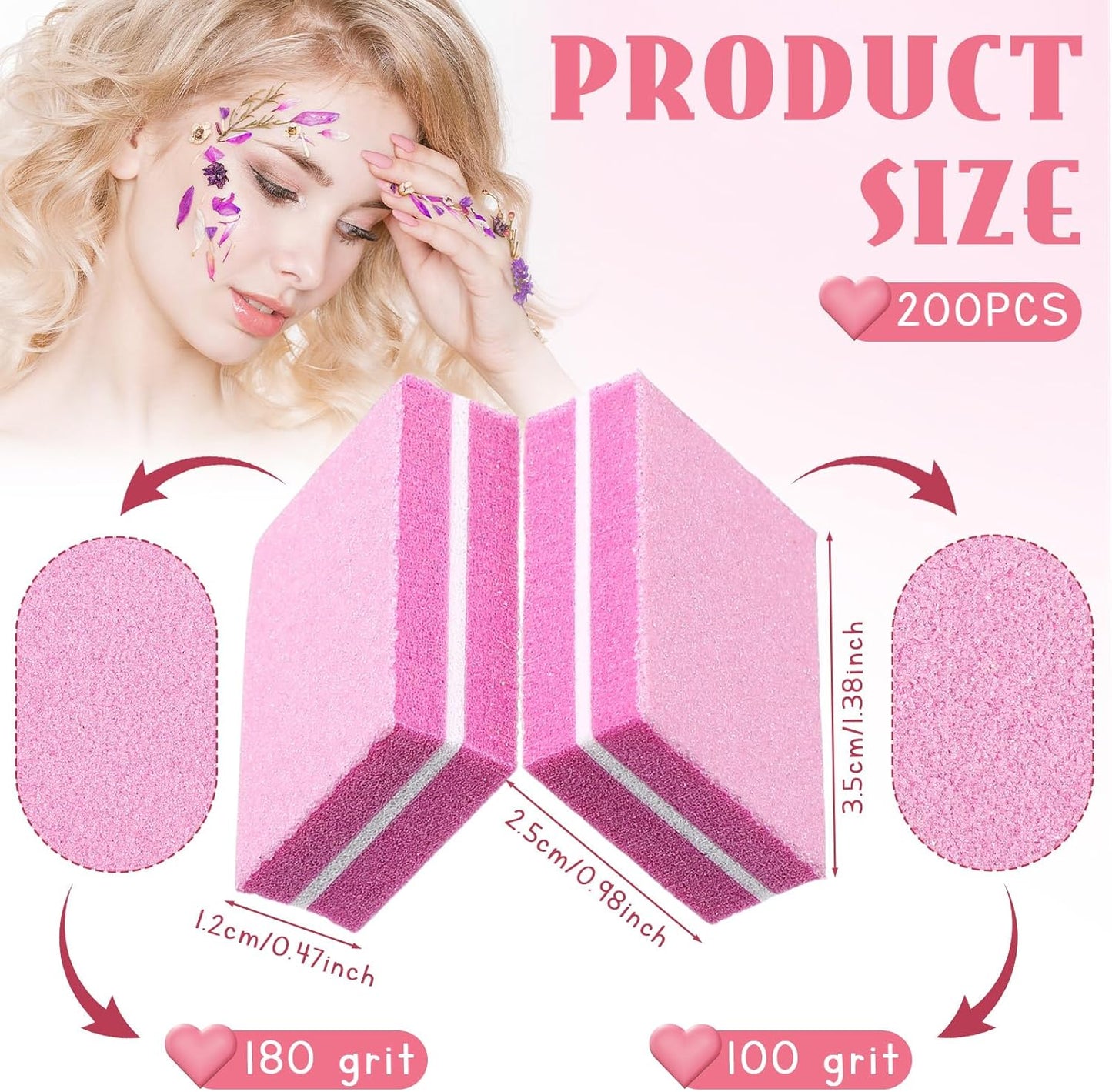 200 Pcs Mini Nail Buffer Blocks Bulk Sponge Double Sided Buffing Sanding Block Manicure Tools Bulk Nail File for Acrylic Nails and Natural Nails(100/180,Pink)