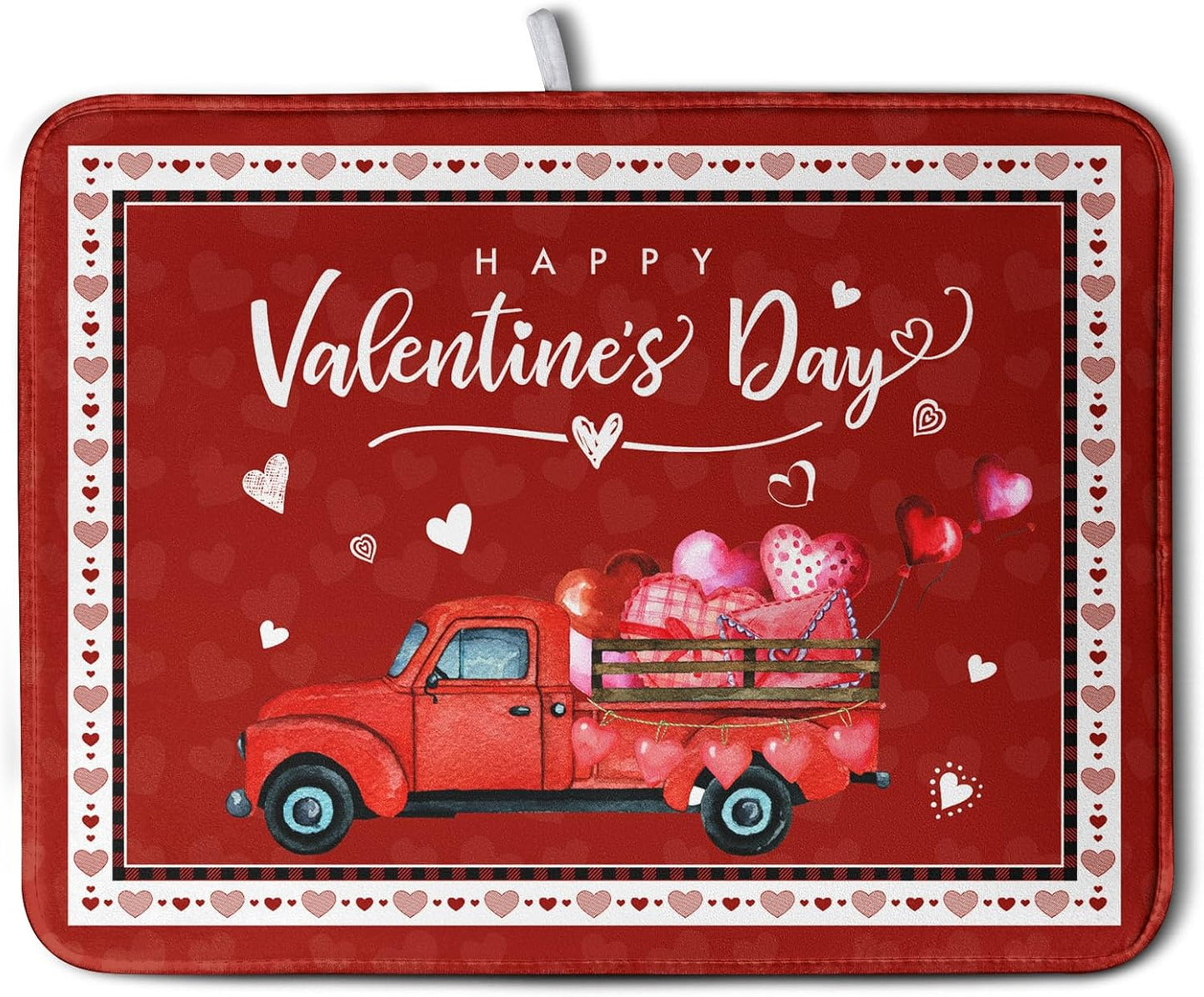 Valentine Red Truck Love Heart Dish Drying Mat 16x18 Inch Happy Valentine's Day Drying Mat for Kitchen Counter Microfiber Dish Drainer Mats Absorbent Dish Rack Pad for Home Coffee Bar Sinks