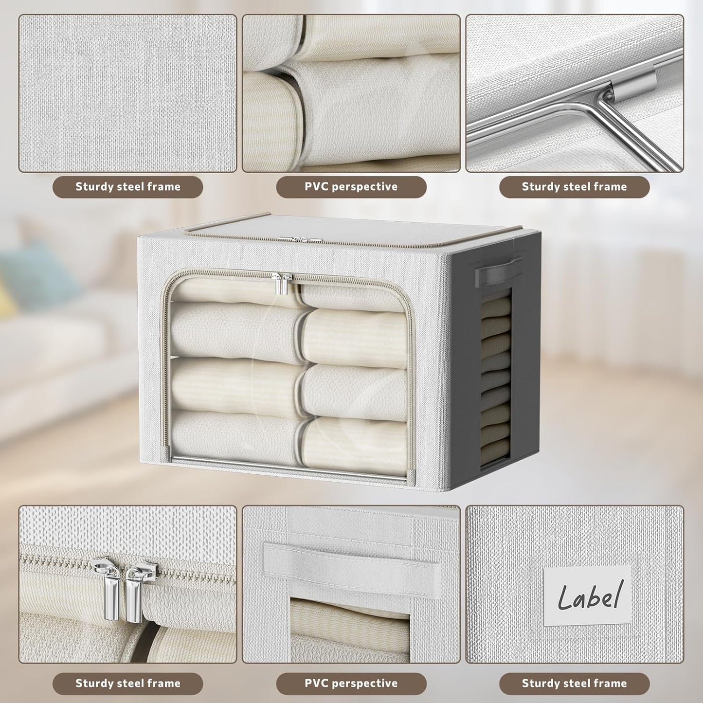 FHSQX 6 Pack Clothes Storage Bins with Metal Frame Foldable Storage Bins for Clothes Linen Fabric Storage Box with Clear Window (Lvory White, 15.7x11.8x7.8inch(22L))