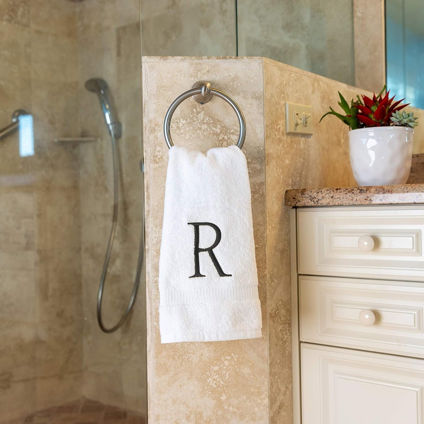 White Monogrammed Hand Towel - Monogram Initial Hotel Quality Decorative Embroidered Luxury Towel for Powder Room, Spa - GOTS Organic Certified - Set of 2 Dark Gray Letter R