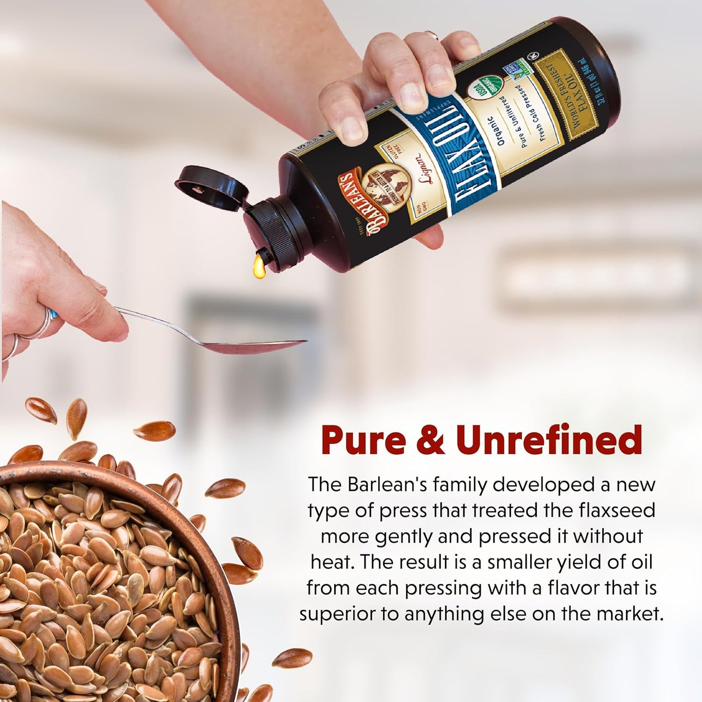 Barlean's Organic Lignan Flaxseed Oil Liquid Supplement from Cold Pressed Flax Seeds, 7,230 mg ALA Omega-3 Fatty Acids for Healthy Hair, Skin, and Eyes, Gluten Free, 12 oz