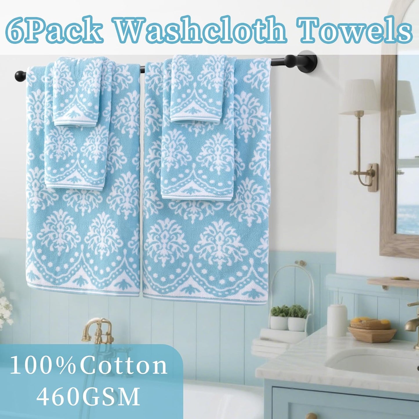 Cotton Wash Cloths for Showering (6PC, 13"x13") - Quick Dry | Thick | Absorbent, Soft Face Towels for Bathroom, Damask Jacquard Washcloth Set, Bathroom Decor & Home Essentials, Aqua and White