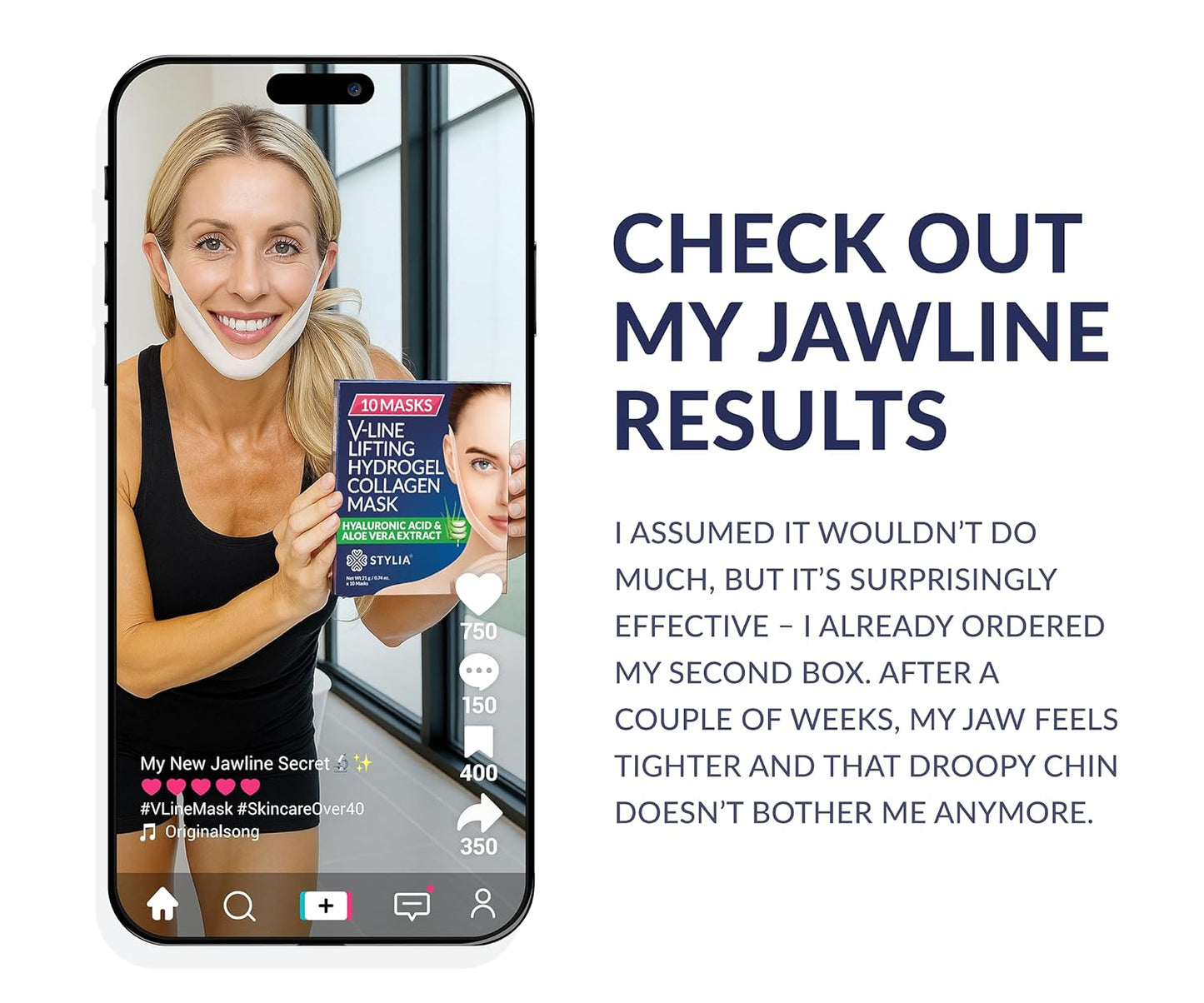 Stylia V Line Lifting Collagen Face Mask - Lift, Firm & Contour Jawline - Double Chin Strap with Hyaluronic Acid & Aloe Vera - Hydrating Neck & Face Tightening Mask - Chin Strap for Sleeping - 10PC