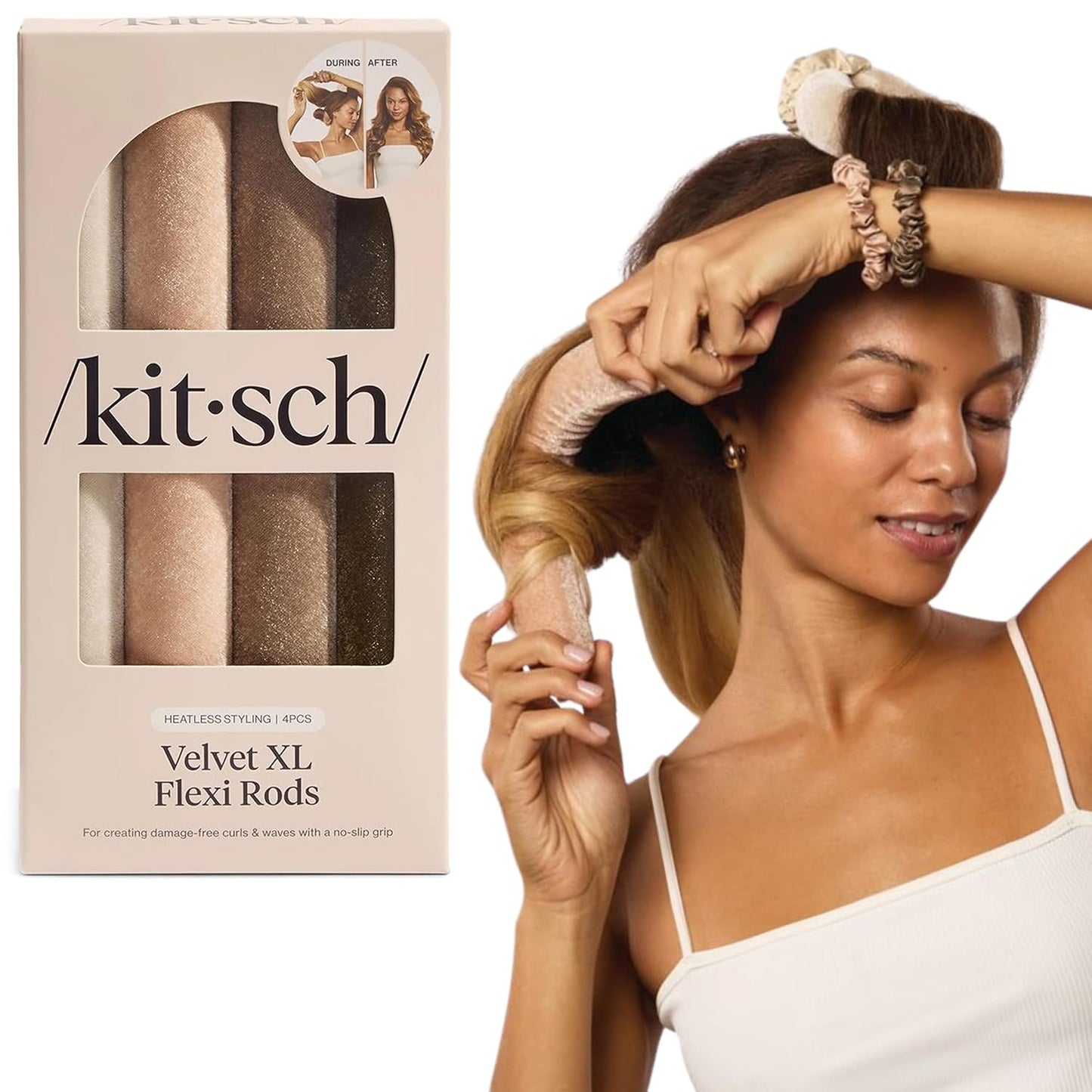 Kitsch XL Flexi Rods for Heatless Curls Overnight - Soft Velvet Hair Rollers for Women - Hair Curlers to Sleep In - Eucalyptus, 4pcs