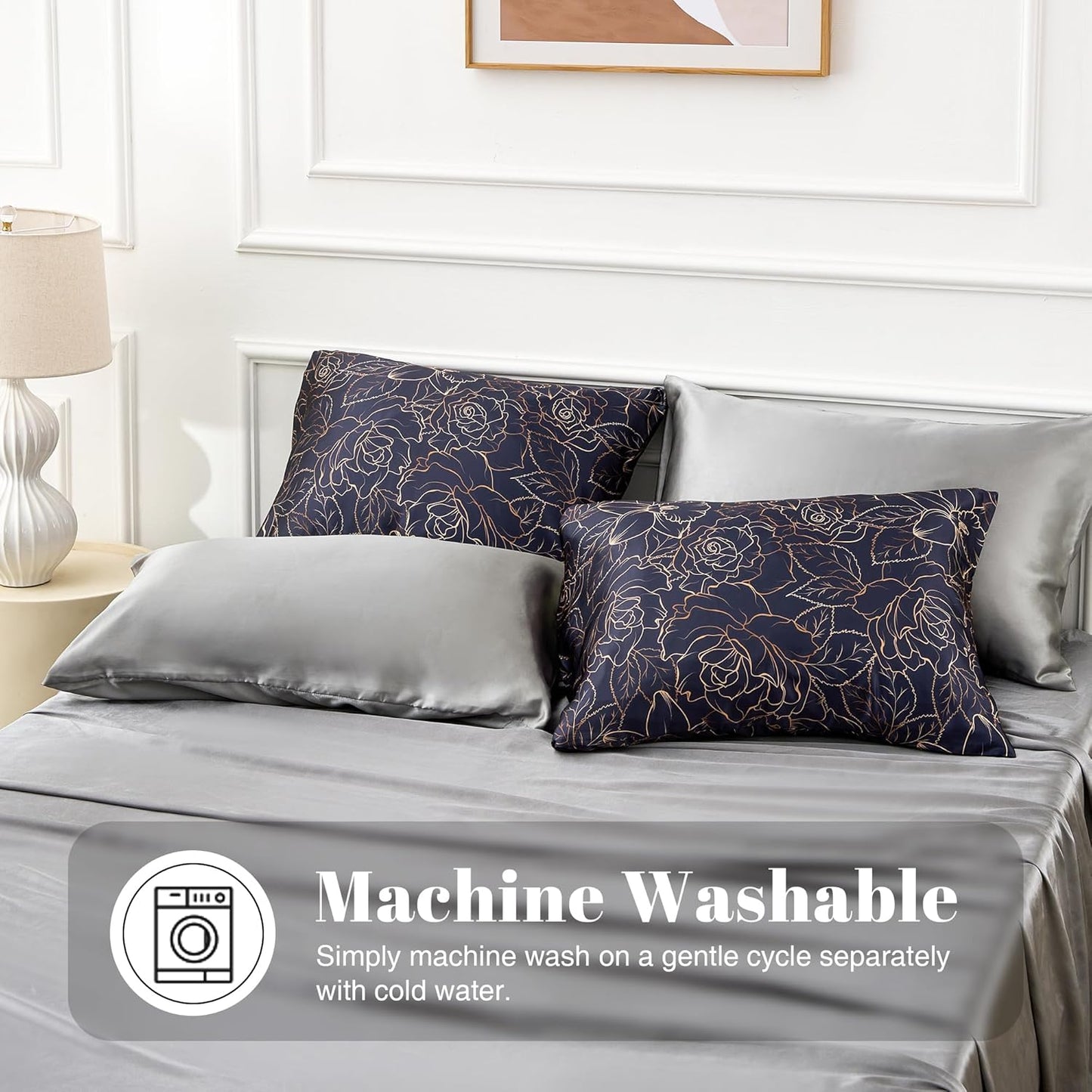 EXQ Home Satin Pillowcase for Hair and Skin- Rose on Blue Silk Pillowcase 2 Pack 20x26 inches - Standard Size Pillow Cases with Envelope Closure, Gifts for Women