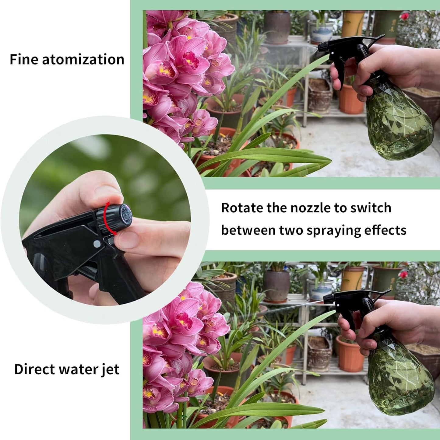 2 Pcs Spray Bottles, 500 ml/17 oz Empty Water Spray Bottles, Plastic Reusable Adjustable Mist Sprayer Squirt Bottles Containers Refillable for Cleaning Solutions, Gardening, Plants (Green)