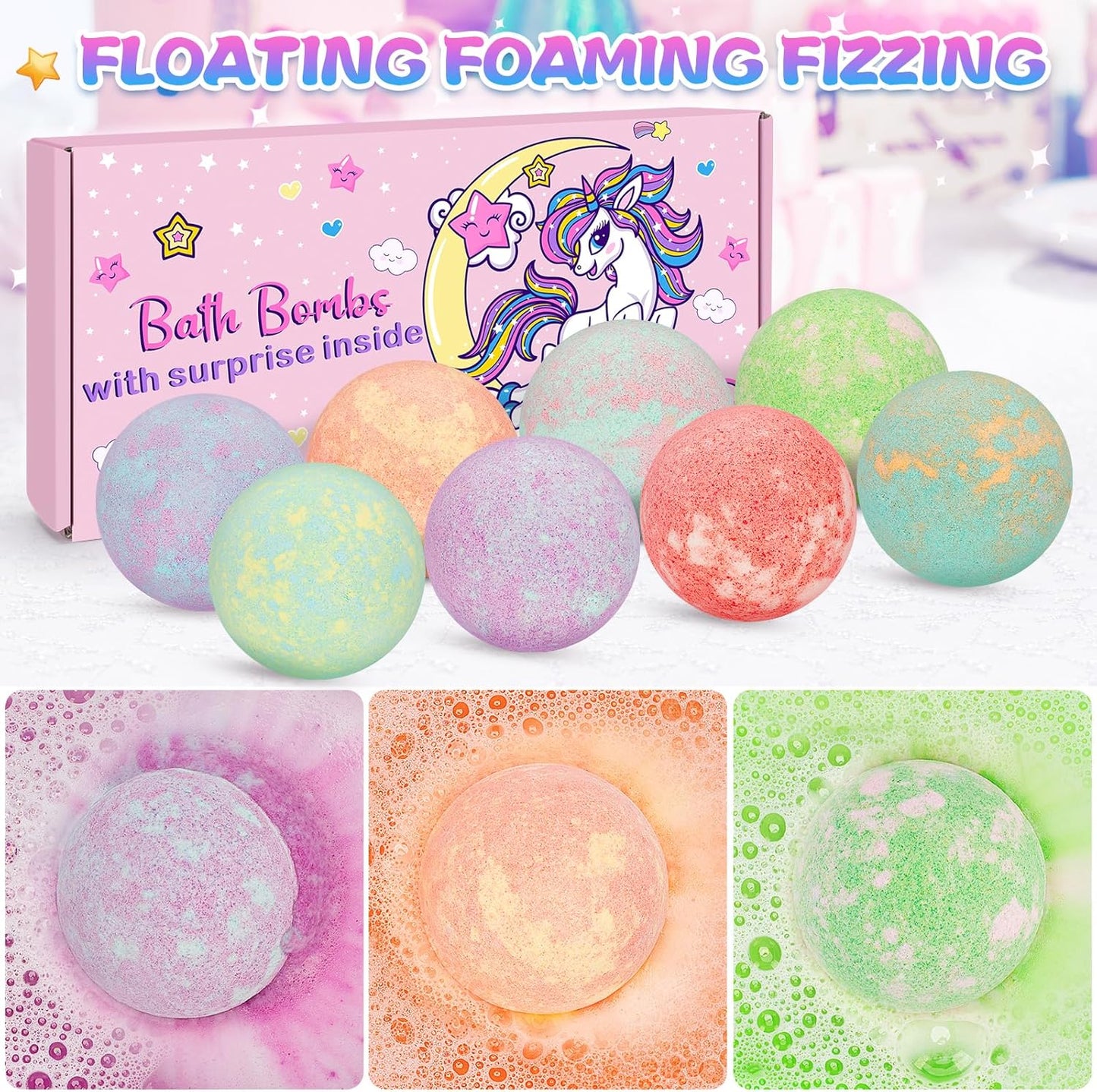 Unicorn Bath Bombs for Kids Girls with Surprise Inside, 8 Pcs Natural Fizzy Princess Bubble Bath Bomb Kit with Toys, Birthday Gift for 3 4 5 6 Year Old Girl