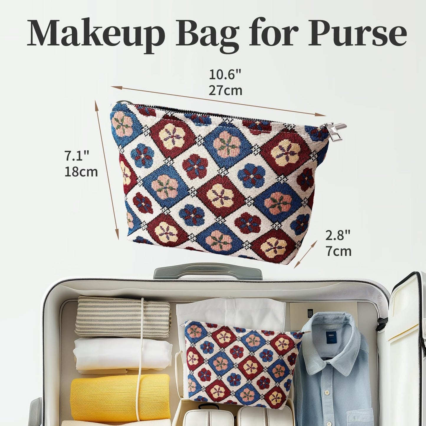 Vintage Floral Cosmetic Bag for Women, Makeup Pouch for Purse, Elegant Toiletry Organizer for Mature Ladies & Moms, Classic Pattern, Small Travel Zipper Bag