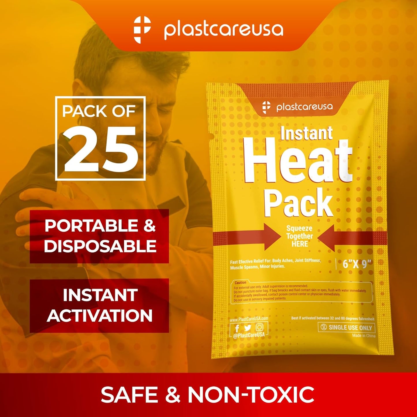 Instant Heat Pack - Disposable Hot Packs for Pain Relief, 6 in x 9 in, 25 Packs - Hot Pack for First Aid and Muscle Pain